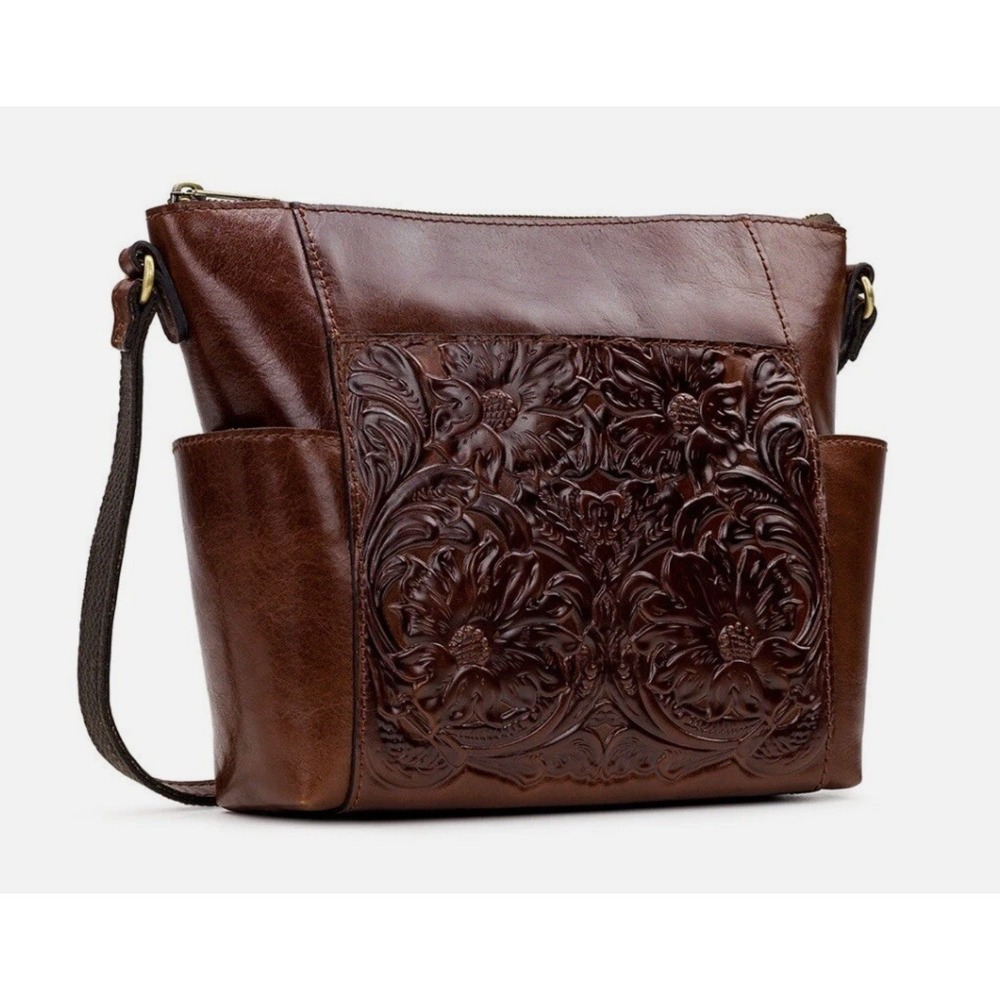 Patricia Nash Aveley Crossbody Bag Brown Tooled Floral Leather Purse Boho